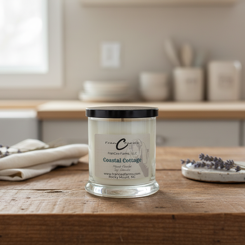 Coastal Cottage Soy Candle - 12 oz. Status Jar displayed on a wooden table in a cozy kitchen setting.