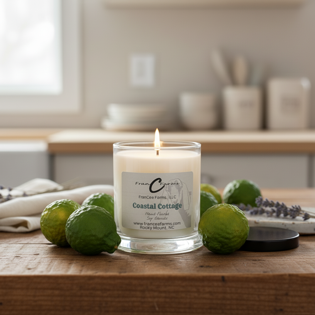 Coastal Cottage Soy Candle - 12 oz. Status Jar with lime accents in a cozy kitchen setting.