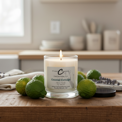 Coastal Cottage Soy Candle - 12 oz. Status Jar with lime accents in a cozy kitchen setting.