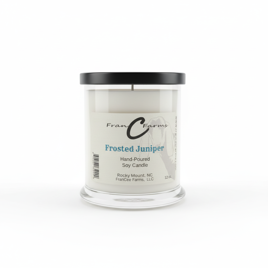 Frosted Juniper Soy Candle - 12 oz. Status Jar from FranC Farms, hand-poured and infused with fresh evergreen scents.