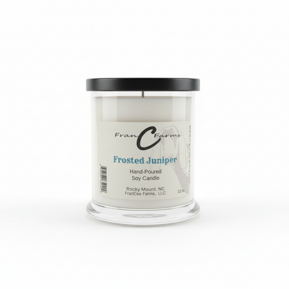 Frosted Juniper Soy Candle - 12 oz. Status Jar from FranC Farms, hand-poured and infused with fresh evergreen scents.