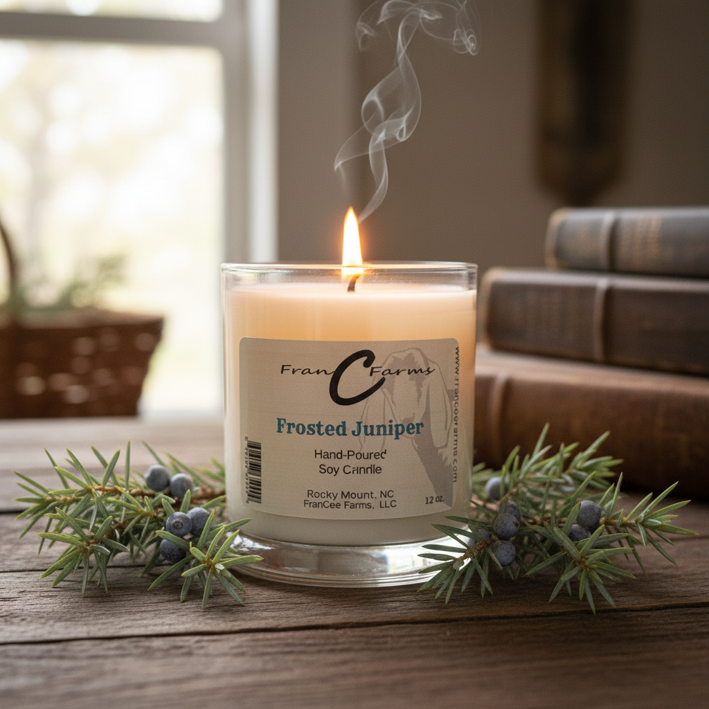 Frosted Juniper Soy Candle - 12 oz. Status Jar with smoke and evergreen decor