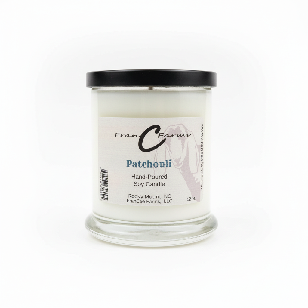 Patchouli Soy Candle - 12 oz. jar from FranC Farms, hand-poured and featuring rich patchouli scent.