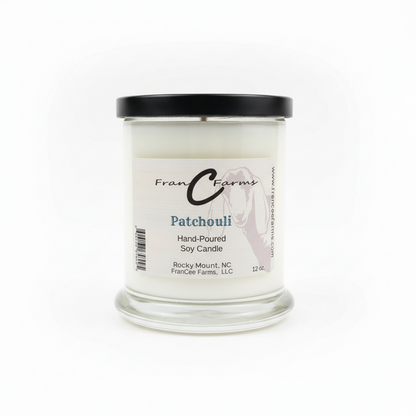 Patchouli Soy Candle - 12 oz. jar from FranC Farms, hand-poured and featuring rich patchouli scent.