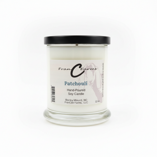 Patchouli Soy Candle - 12 oz. jar from FranC Farms, hand-poured and featuring rich patchouli scent.