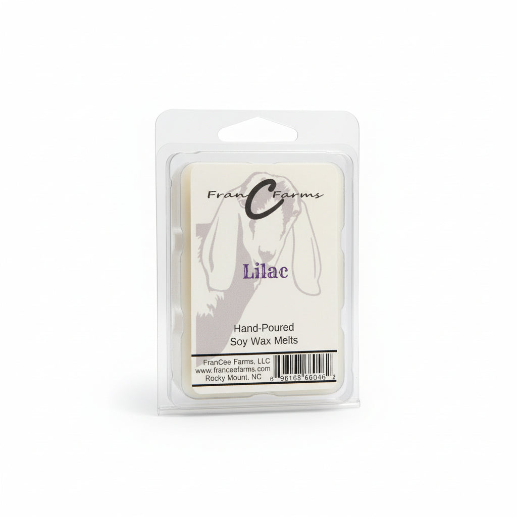 Lilac Soy Wax Melts package featuring hand-poured wax melts with a goat logo and a lilac scent.