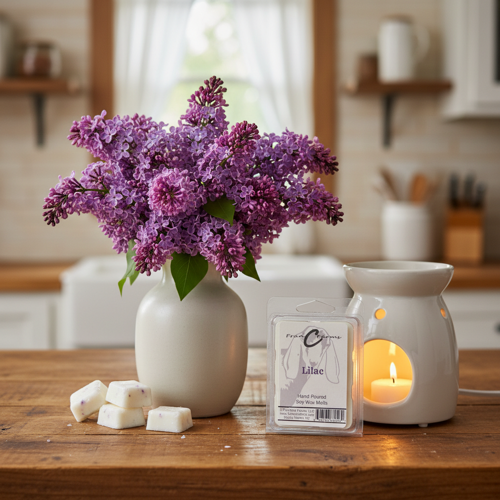 Lilac Soy Wax Melts displayed with lilac flowers and a candle warmer in a cozy kitchen setting.