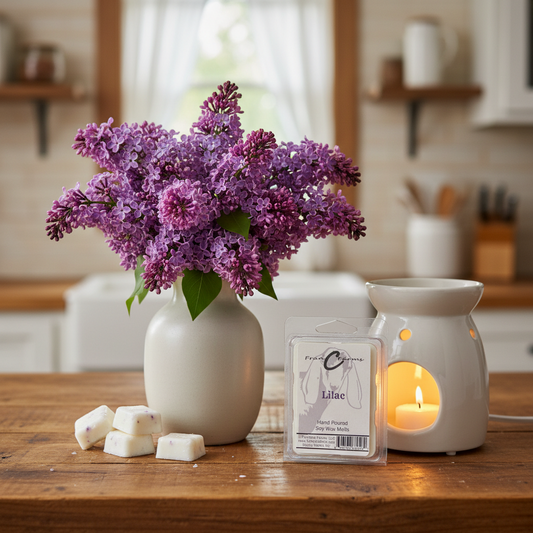Lilac Soy Wax Melts displayed with lilac flowers and a candle warmer in a cozy kitchen setting.