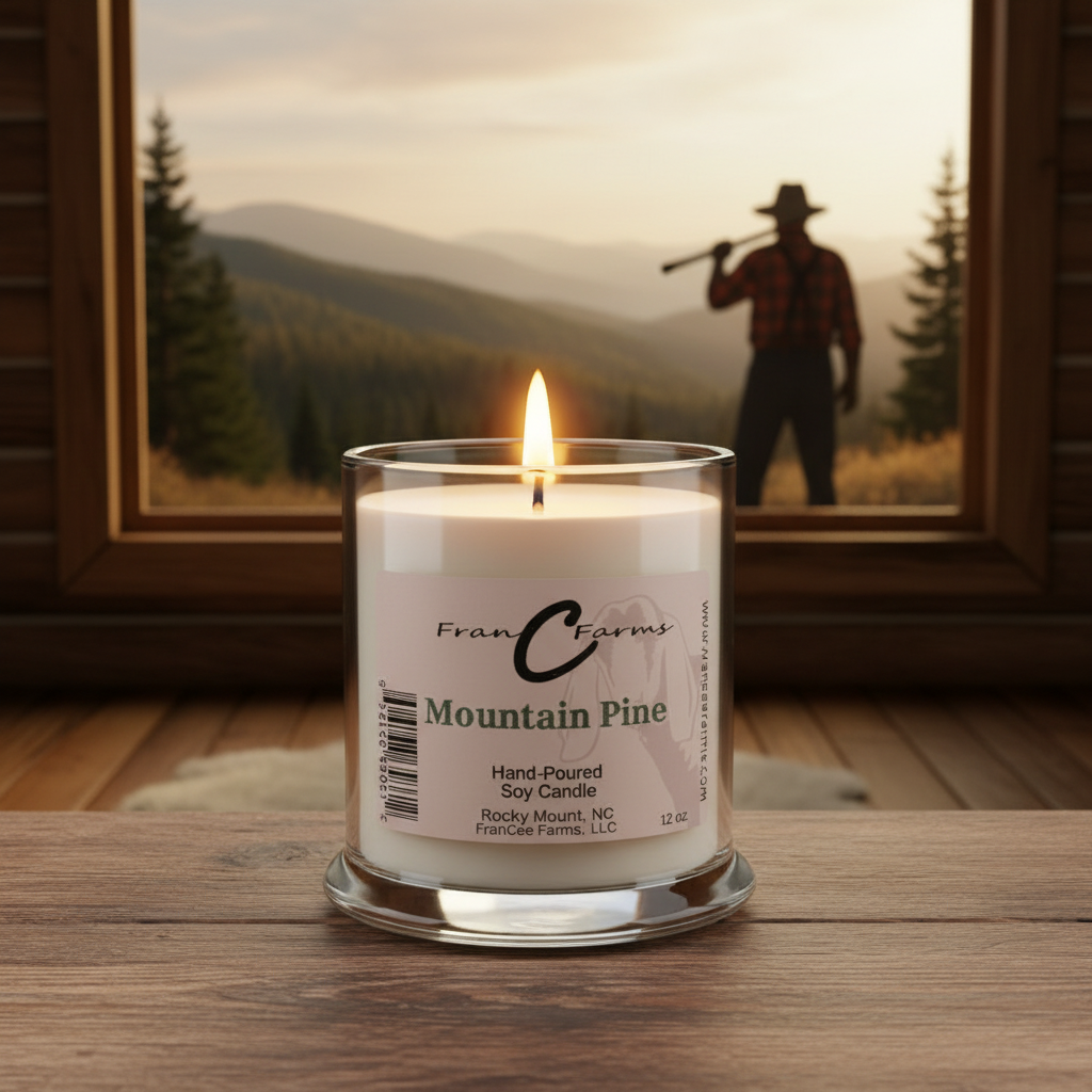 Mountain Pine Soy Candle - 12 oz. Status Jar with a flickering flame and scenic mountain view.