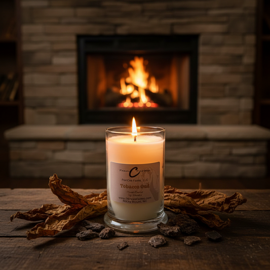 Tobacco Oud Soy Candle - 22 oz. Status Jar with warm glow, surrounded by dried leaves near a cozy fireplace.