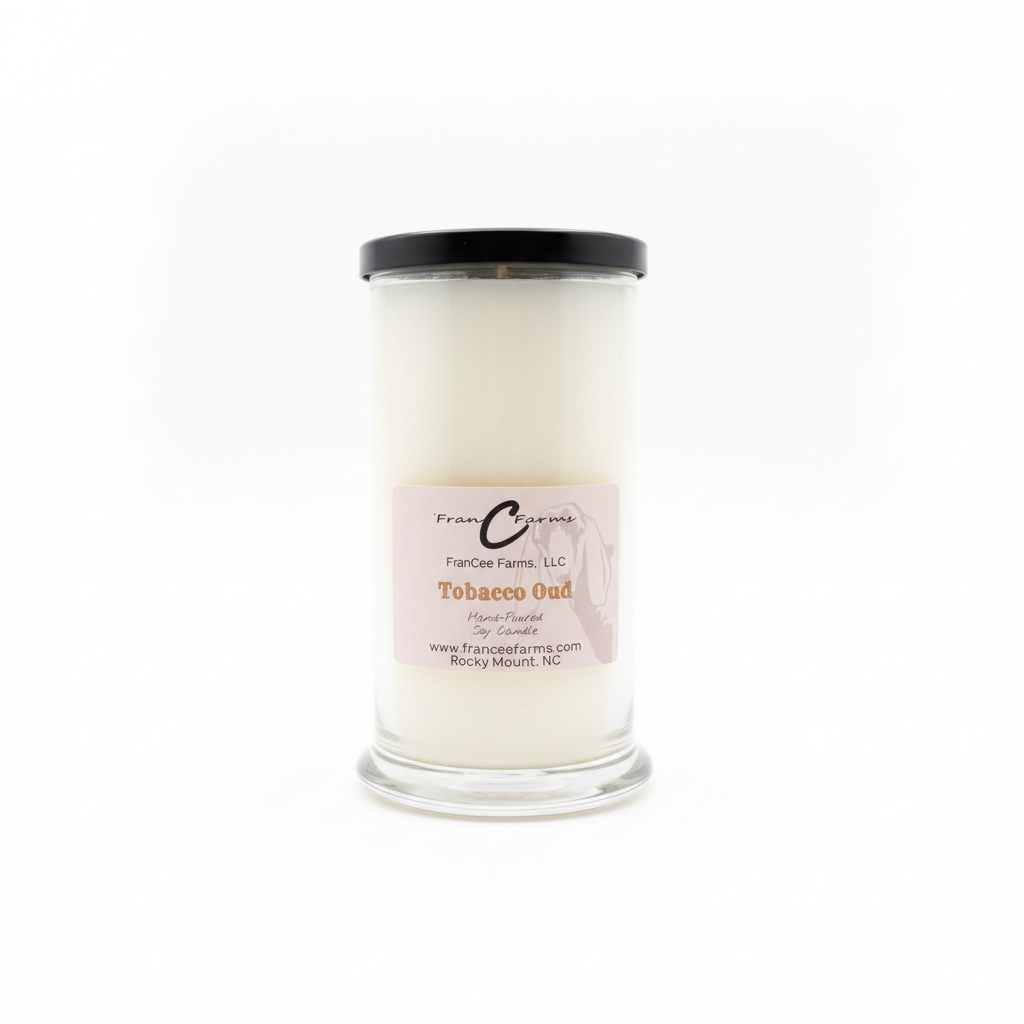 Tobacco Oud Soy Candle - 22 oz. Status Jar, elegant fragrance from FranCee Farms.