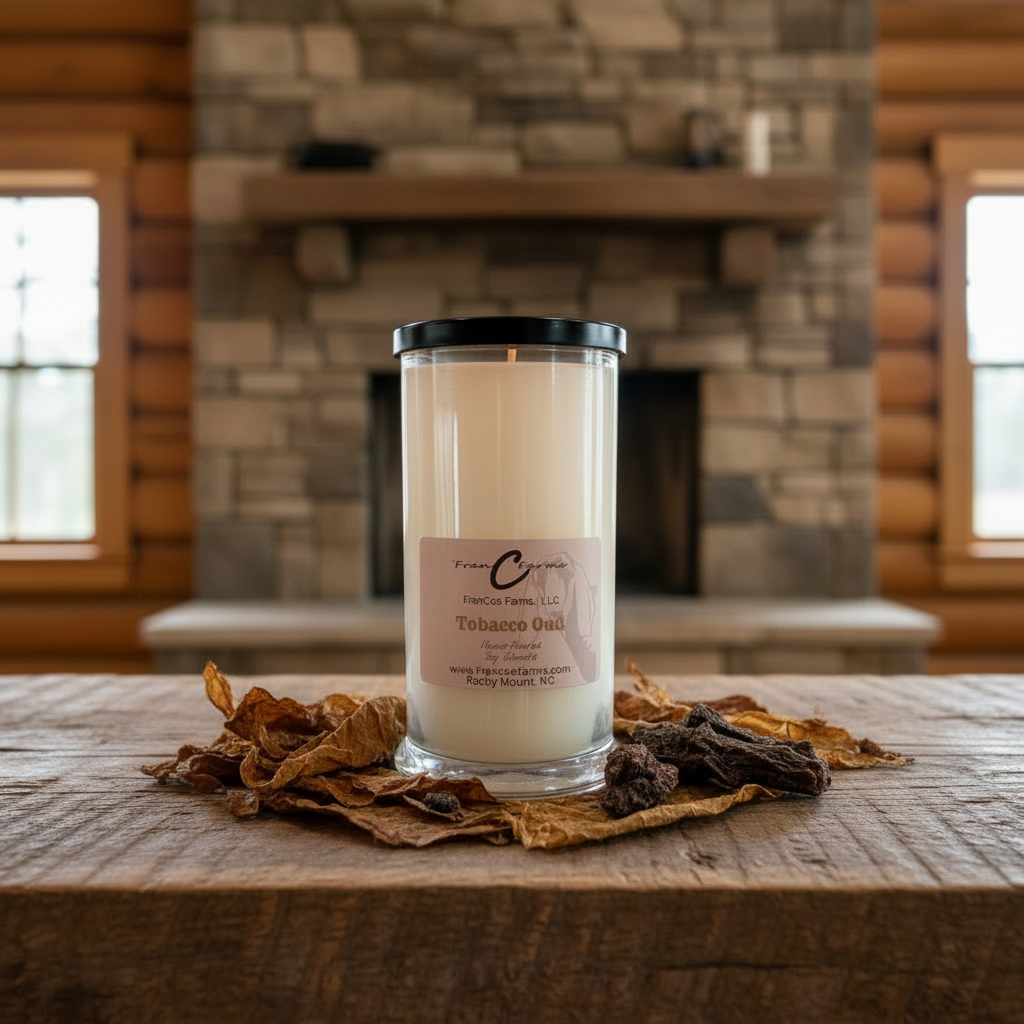 Tobacco Oud Soy Candle - 22 oz. Status Jar with a rustic wooden background and decorative tobacco leaves.