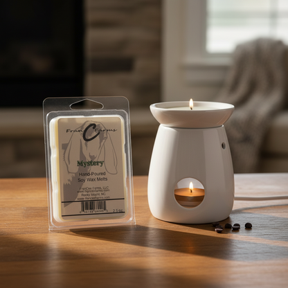 Mystery Soy Wax Melts packaging next to an elegant wax warmer, showcasing the product in a cozy home setting.
