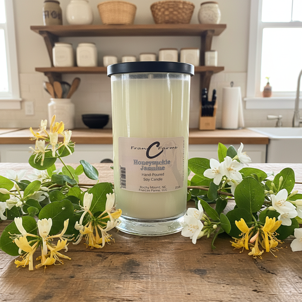 Honeysuckle Jasmine Soy Candle in a glass jar surrounded by honeysuckle flowers, showcasing a floral and sweet aroma.