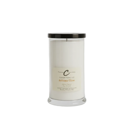 Autumn glow soy candle in a stylish jar, showcasing the essence of fall with a cozy design.