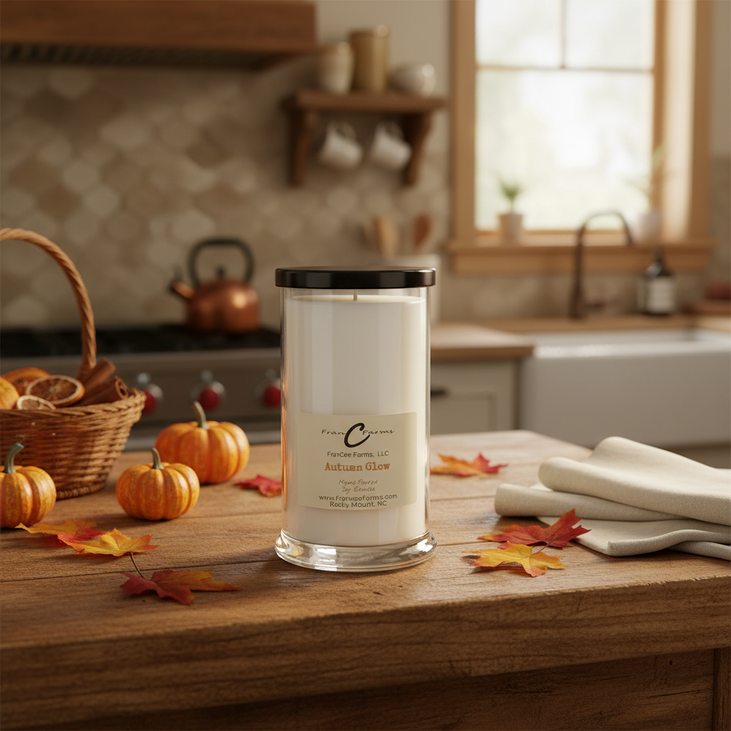 Autumn glow soy candle on wooden table surrounded by fall decor and autumn leaves in a cozy kitchen.