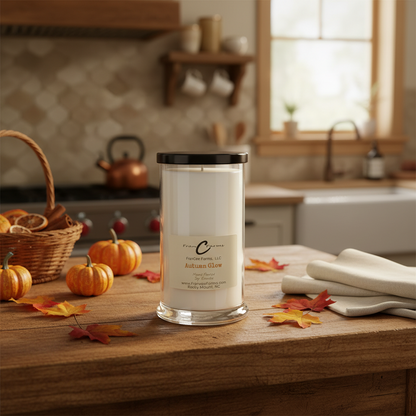 Autumn glow soy candle on wooden table surrounded by fall decor and autumn leaves in a cozy kitchen.