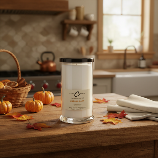 Autumn glow soy candle on wooden table surrounded by fall decor and autumn leaves in a cozy kitchen.