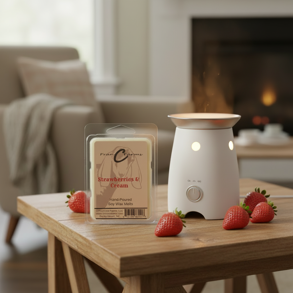 Cozy home scene with a wax warmer and Strawberries & Cream Soy Wax Melts by Fresh Creams on a wooden table.