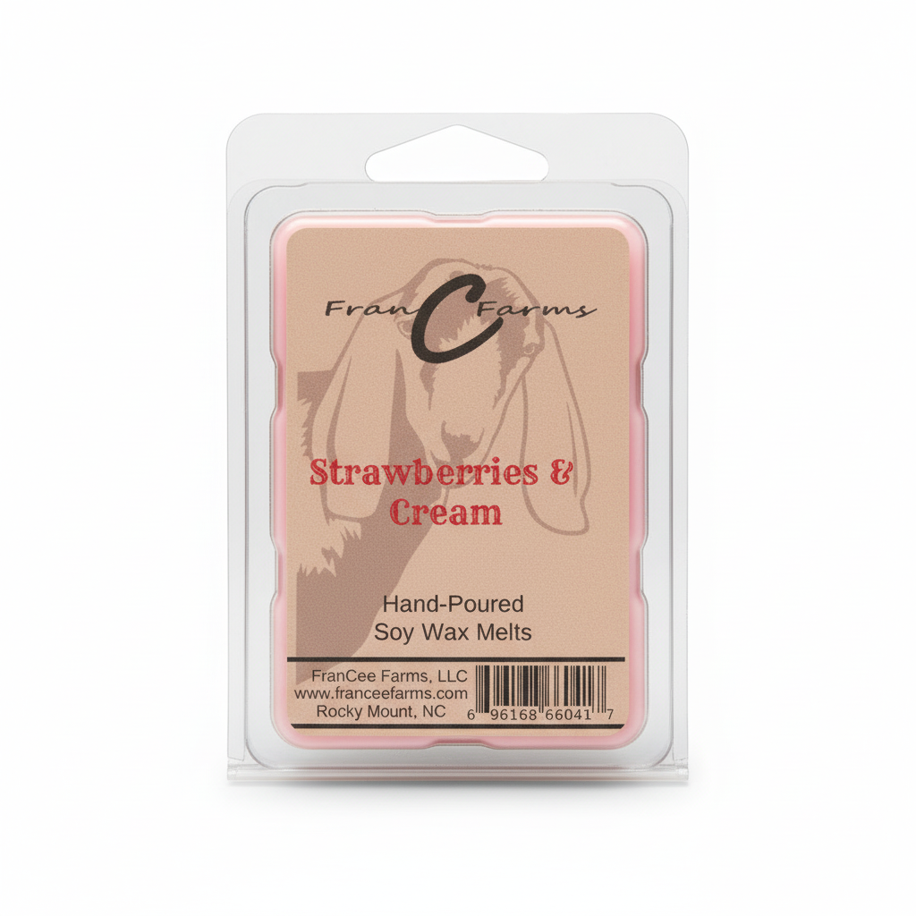 Strawberries & Cream Soy Wax Melts in packaging from FranCee Farms, hand-poured for a fresh summer scent.