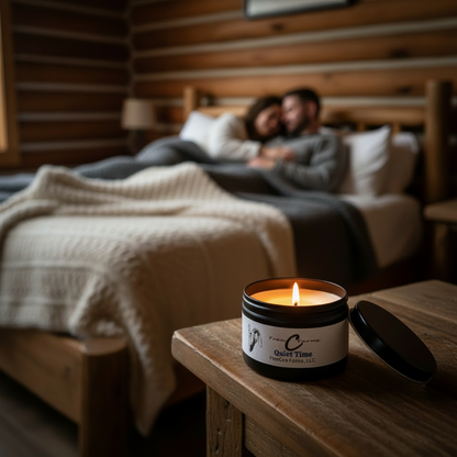 Quiet Time Soy Candle in an 8 oz. tin next to a couple relaxing in a cozy bedroom with a soft blanket.