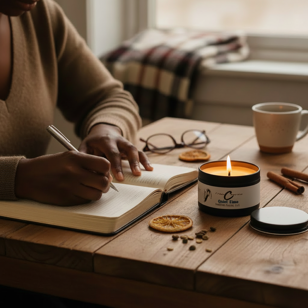 A person writing in a notebook beside a lit Quiet Time Soy Candle in a cozy setting.