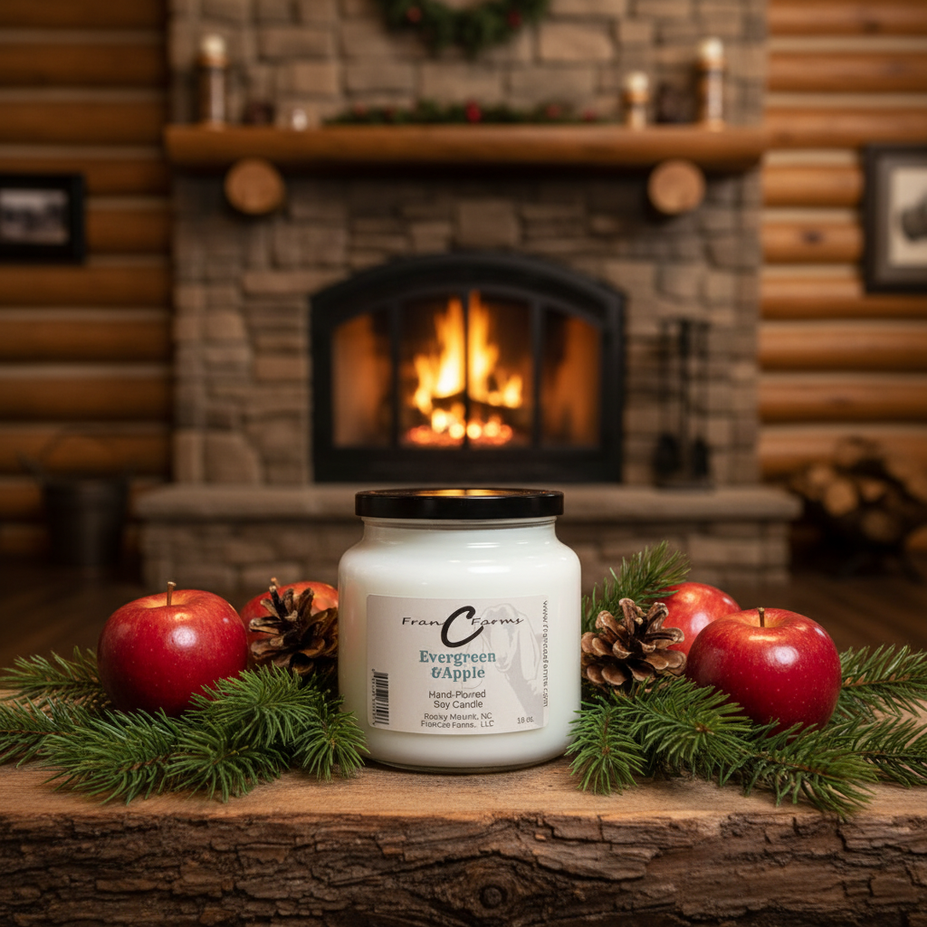 Evergreen & Apple Soy Candle displayed in a cozy setting with apples and pinecones near a warm fireplace.