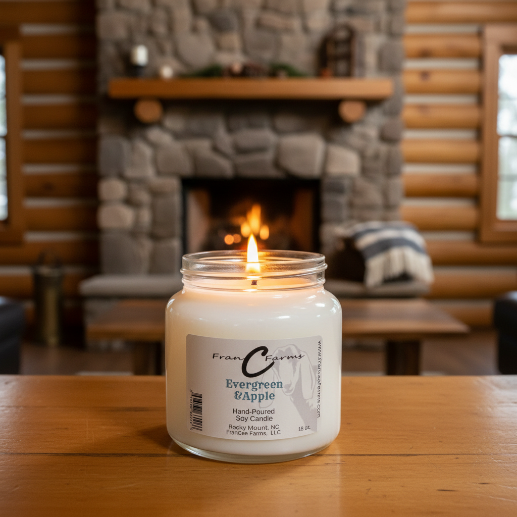Evergreen & Apple Soy Candle in 18 oz. apothecary jar, glowing softly against a cozy fireplace setting.