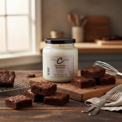 Chocolate Brownie Soy Candle - 18 oz. Apothecary Jar surrounded by freshly baked brownies.