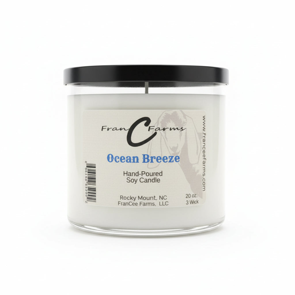 Ocean Breeze Soy Candle - 20 oz. 3 Wick, hand-poured, featuring a fresh and aquatic aroma.