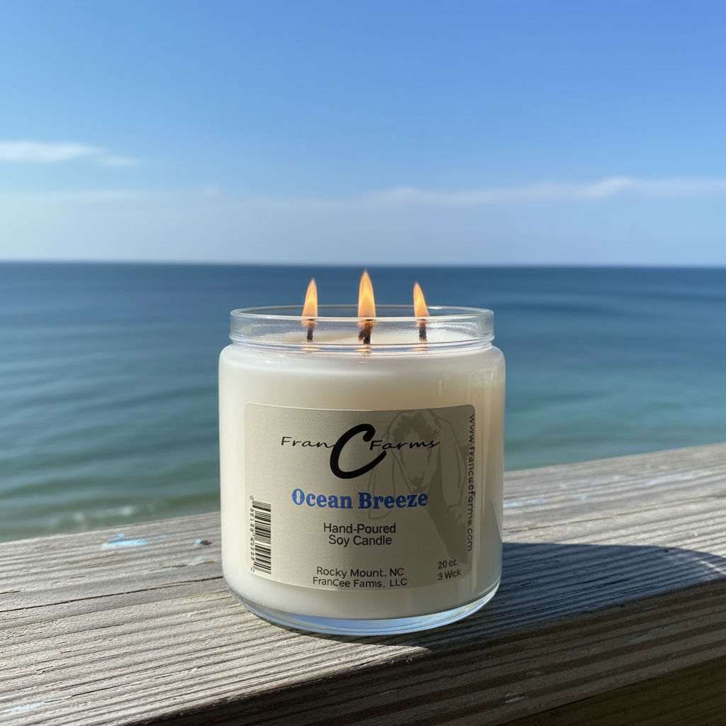 Ocean Breeze Soy Candle - 20 oz. 3 wick candle with ocean view, hand-poured, fresh aquatic scent.