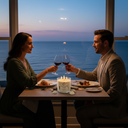 Couple enjoying a romantic dinner by the ocean with an Ocean Breeze Soy Candle on the table.