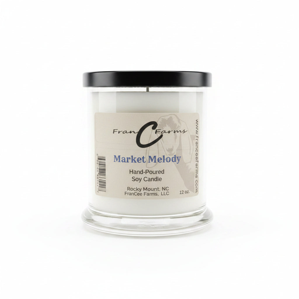 Market Melody soy candle in a clear jar with a black lid, hand-poured, 12 oz from FranC Farms.