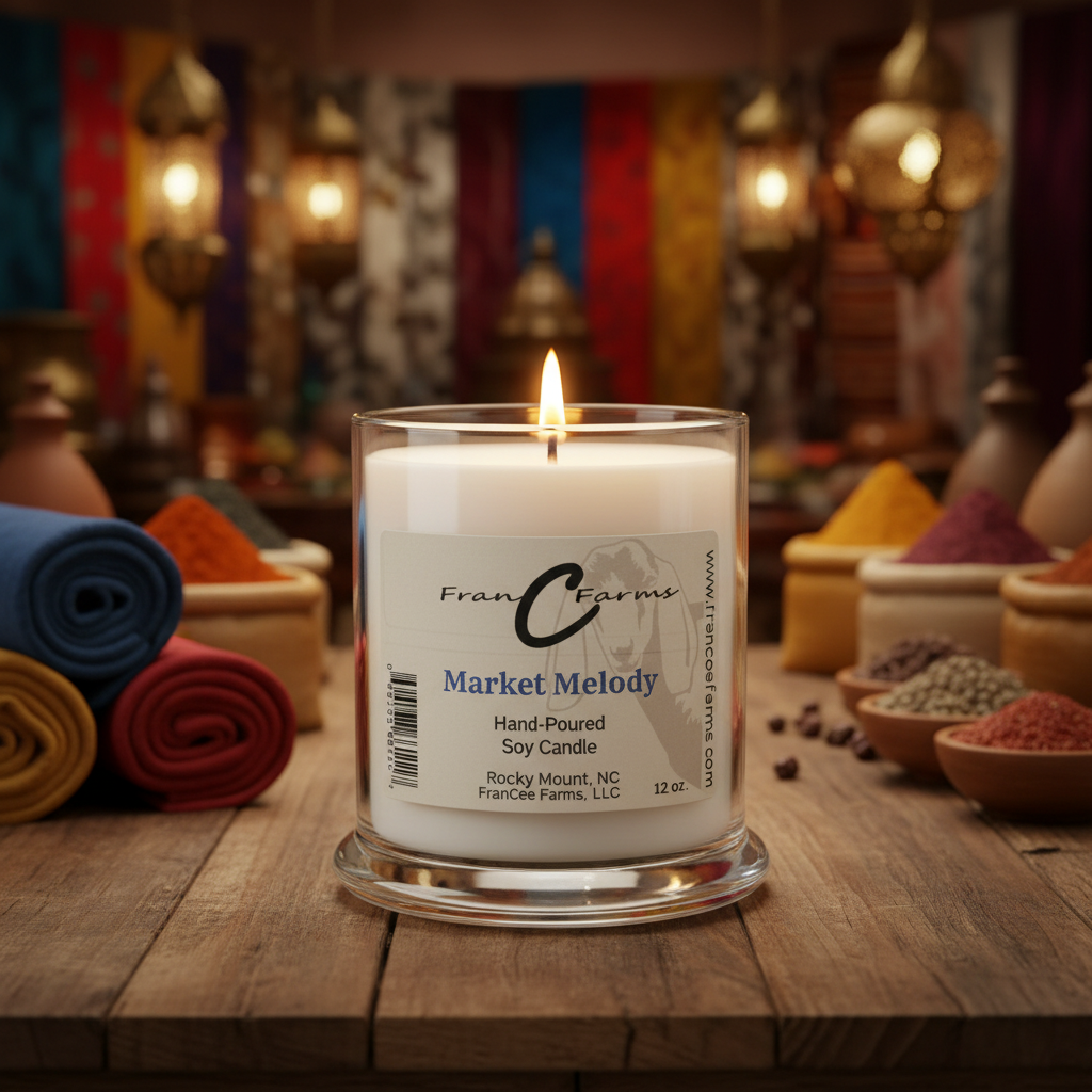 Market Melody soy candle in a spice market setting, showcasing vibrant colors and exotic spices.