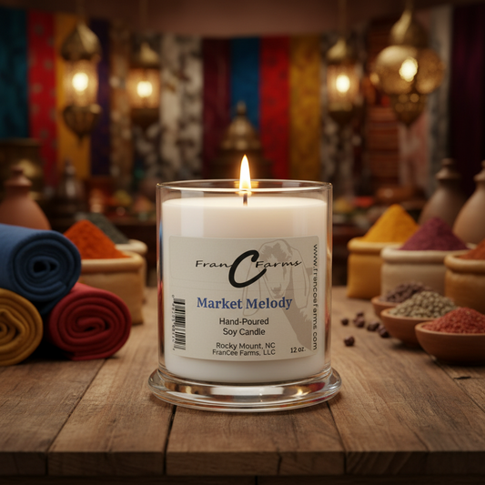 Market Melody soy candle in a spice market setting, showcasing vibrant colors and exotic spices.