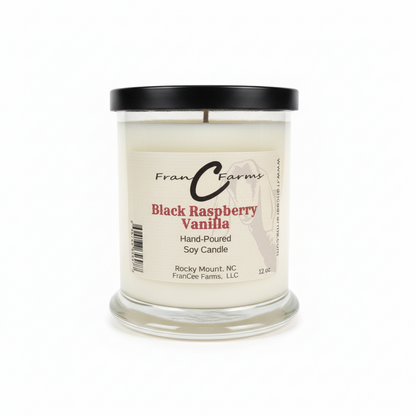 Black Raspberry Vanilla Soy Candle - 12 oz. Status Jar from FranCee Farms, hand-poured and fragrant.