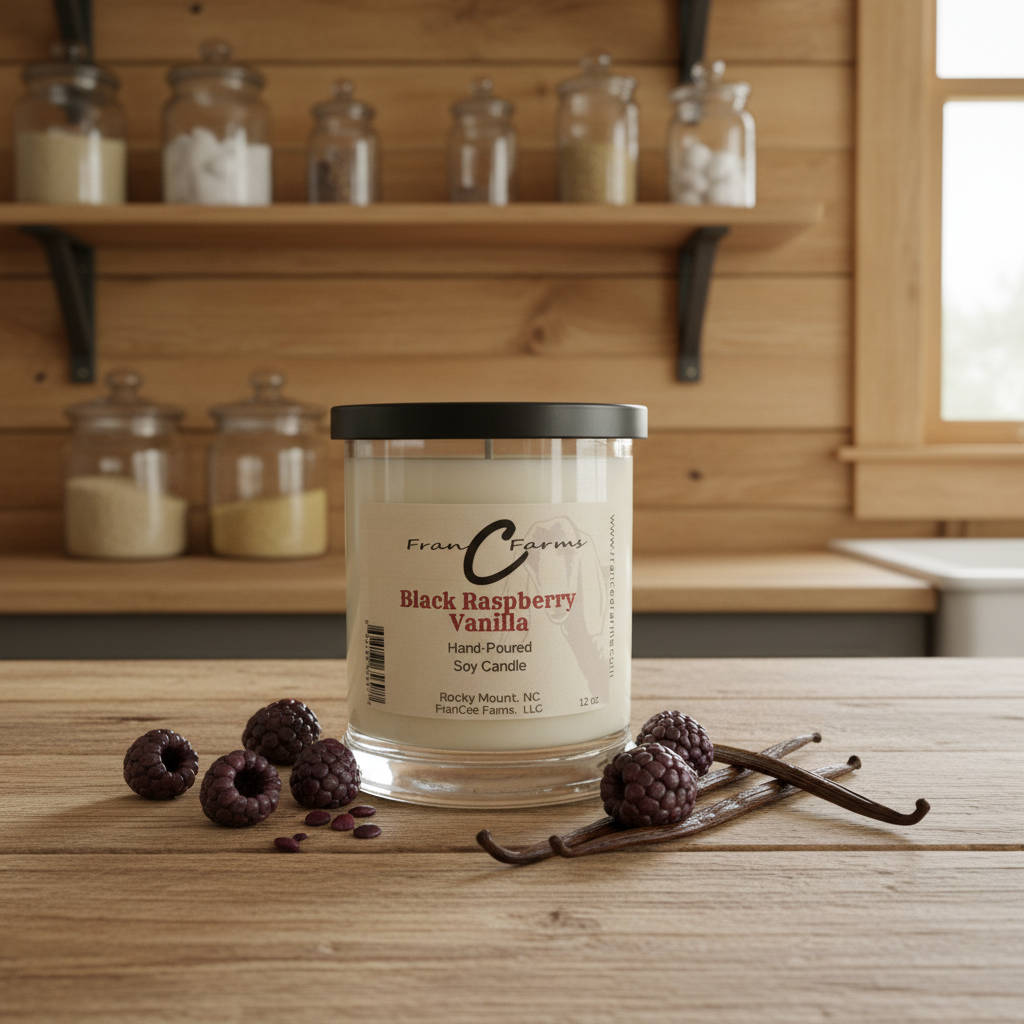 Black Raspberry Vanilla Soy Candle - 12 oz. Status Jar with berries and vanilla pods on a wooden table.