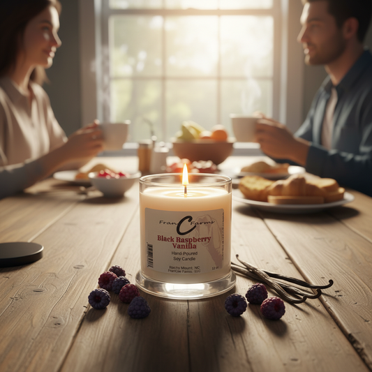 Black Raspberry Vanilla Soy Candle lit on a dining table with friends enjoying breakfast.