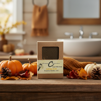 Autumn Glow Goat Milk Soap packaging on a wooden table with autumn decorations and a blurred bathroom background.