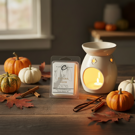 Autumn Glow Soy Wax Melts surrounded by pumpkins and spices on a cozy table, creating a warm fall ambiance.