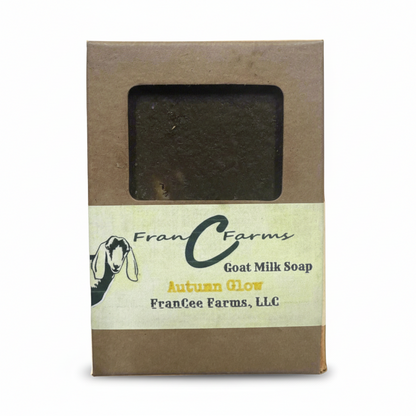 Autumn Glow Goat Milk Soap in eco-friendly packaging by FranC Farms, showcasing its rich, earthy color.