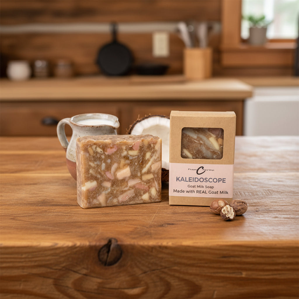 A bar of Kaleidoscope Goat Milk Soap by Frâncés Charme is displayed next to its kraft paper packaging box, with whole and halved coconuts and a small ceramic pitcher in the background, all on a clean white surface.