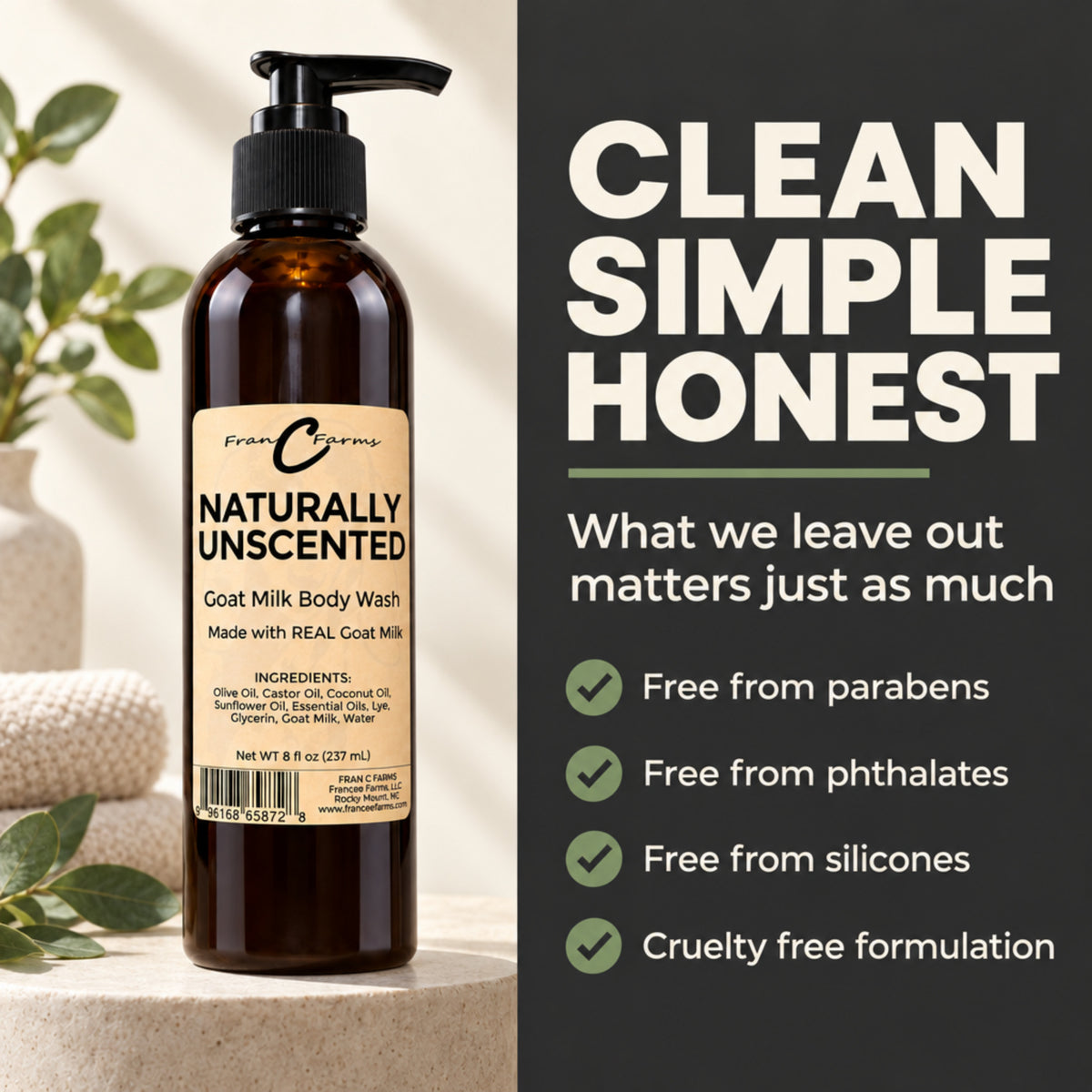 Naturally Unscented Goat Milk Body Wash - Made with REAL Goat Milk