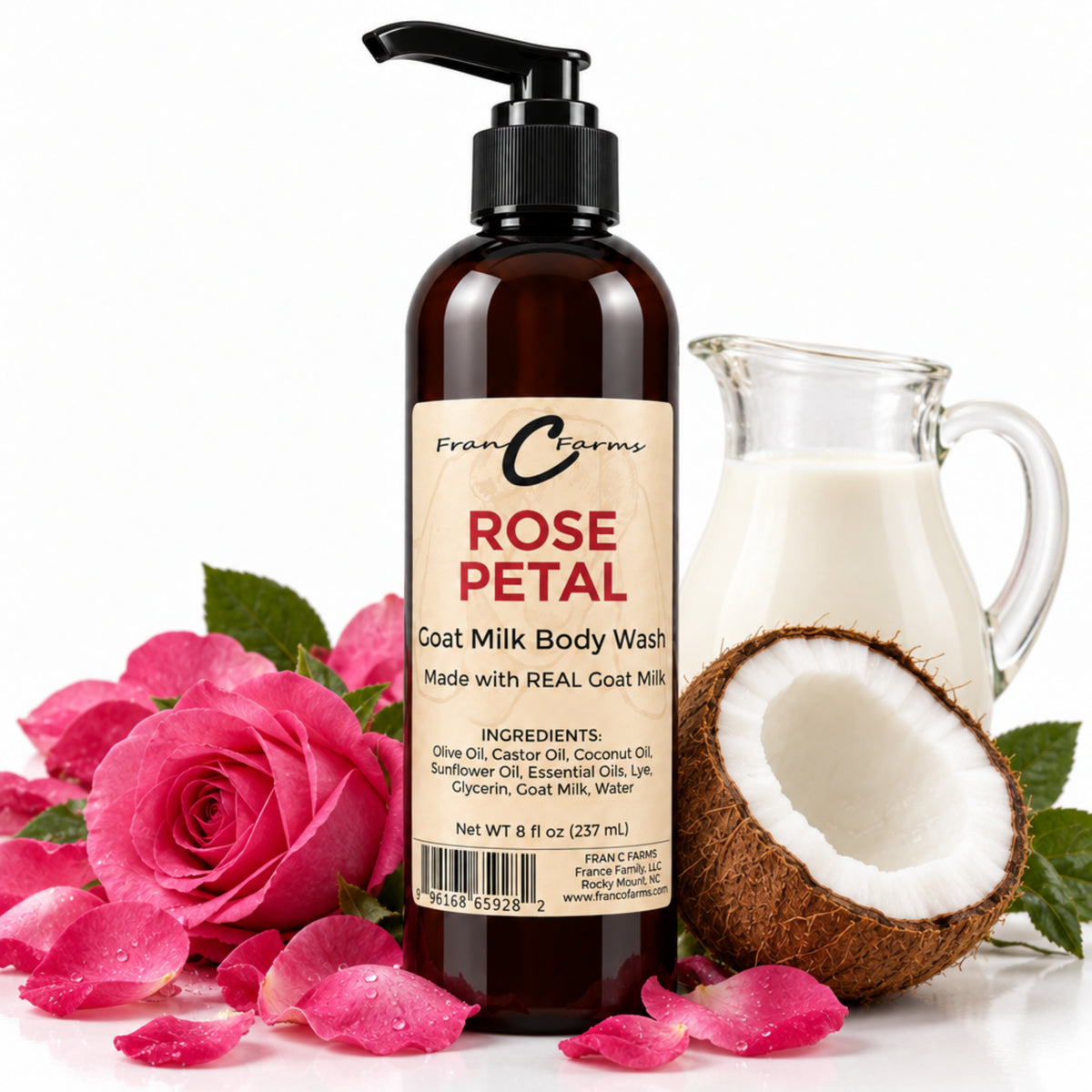 Rose Petal Goat Milk Body Wash, 8 fl oz, in an amber pump bottle beside roses, coconut, and goat milk