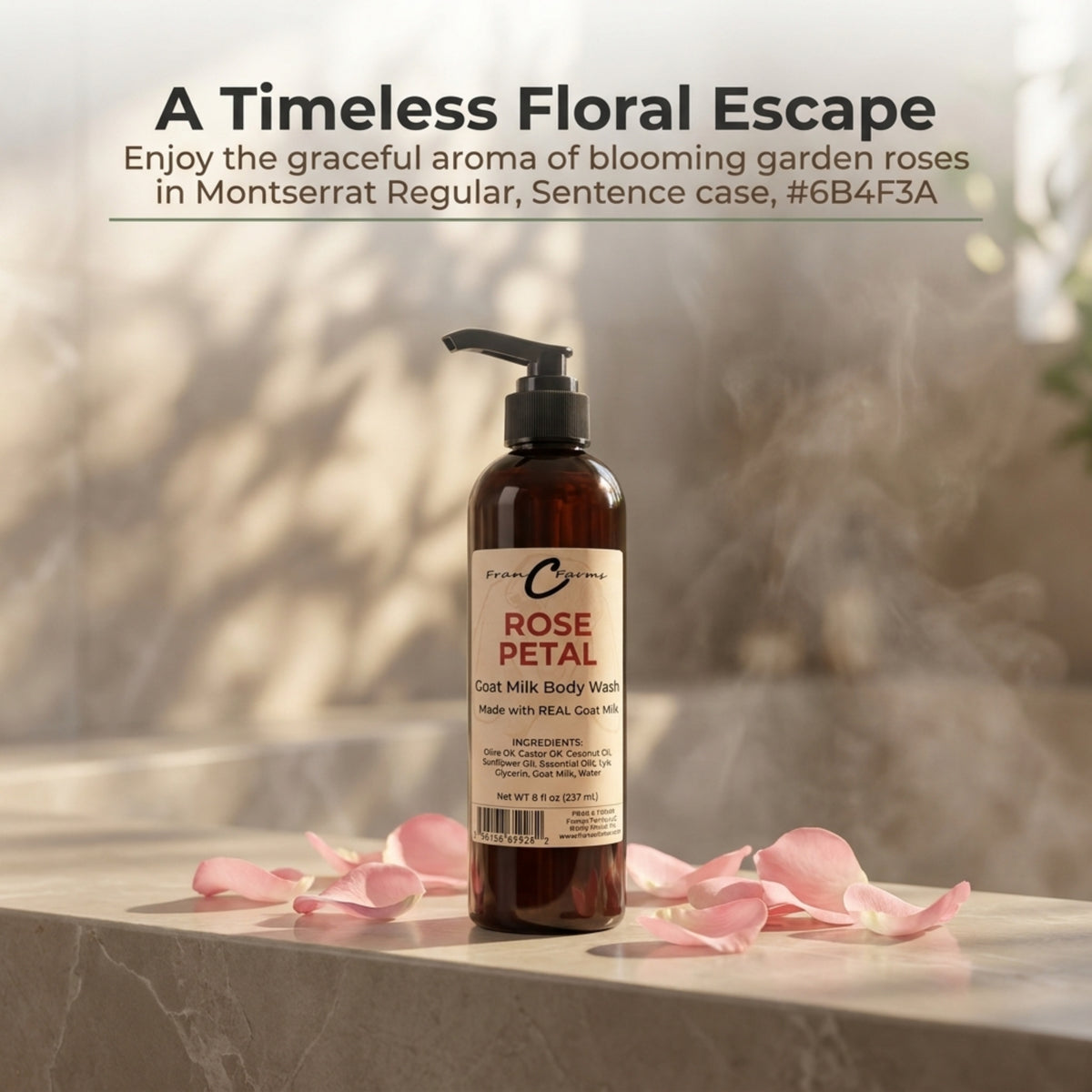 Rose Petal Goat Milk Body Wash in an amber pump bottle surrounded by pink rose petals on a sunlit counter