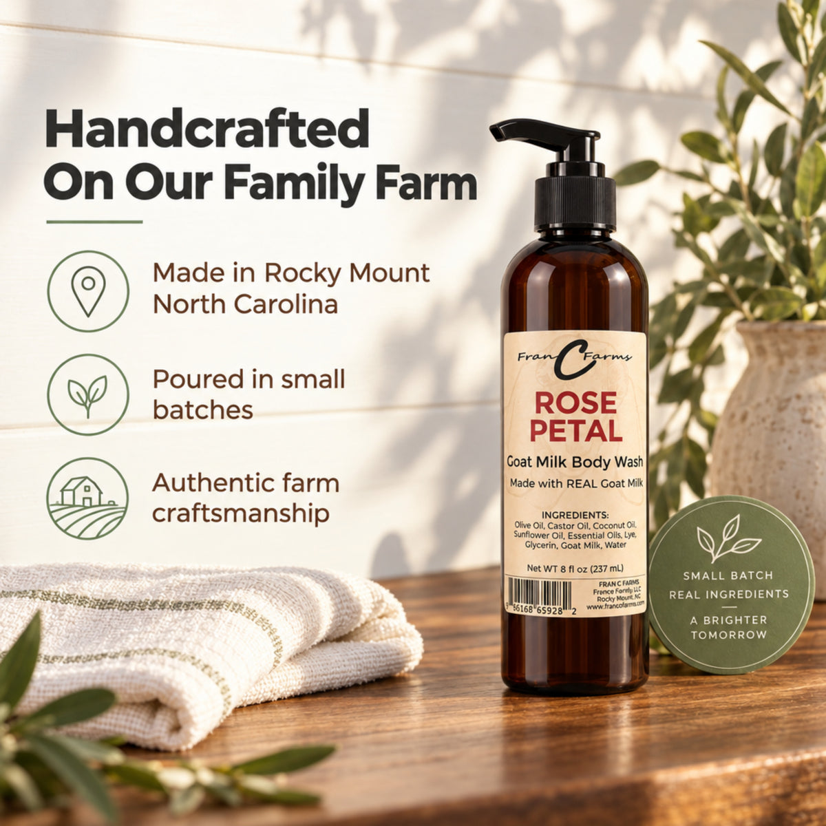 Rose Petal Goat Milk Body Wash farm-story graphic highlighting Rocky Mount, North Carolina, and small-batch production