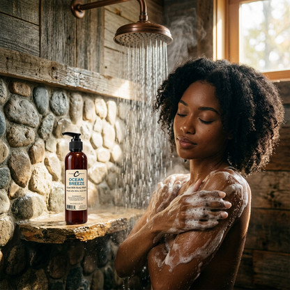 Woman lathering her shoulder in a stone shower beside an Ocean Breeze goat milk body wash pump bottle.
