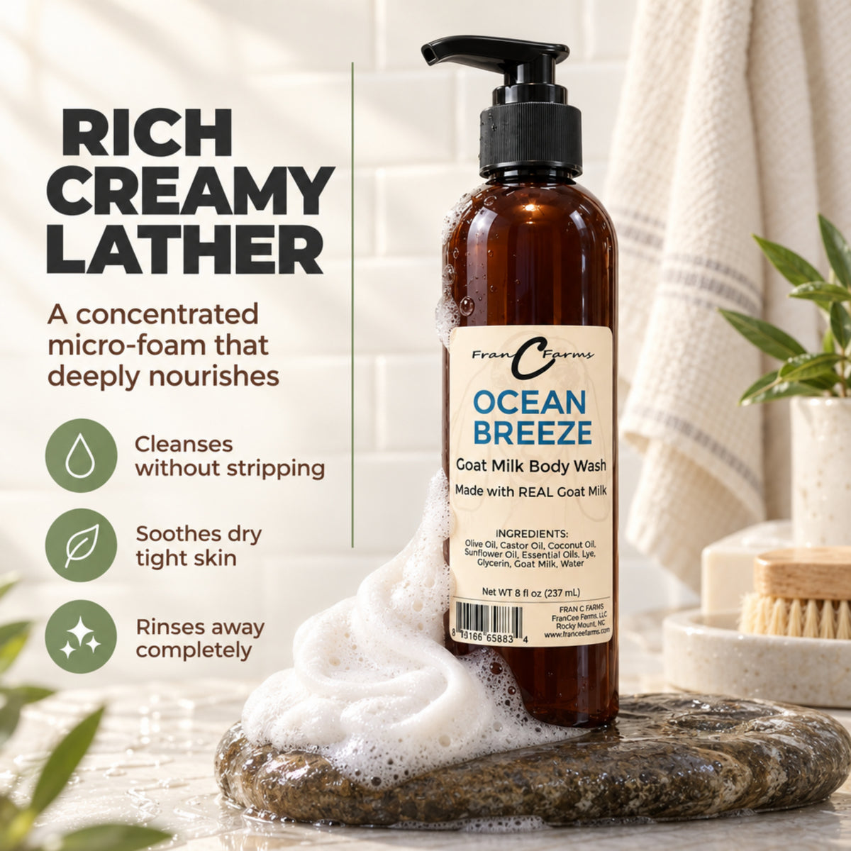 Ocean Breeze goat milk body wash bottle surrounded by foam beside an infographic about its lather.