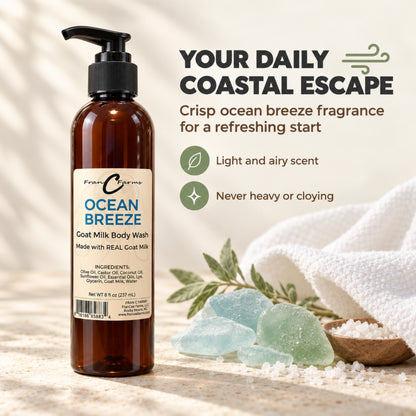 Ocean Breeze goat milk body wash beside towels, sea glass and bath salts in a coastal scent graphic.