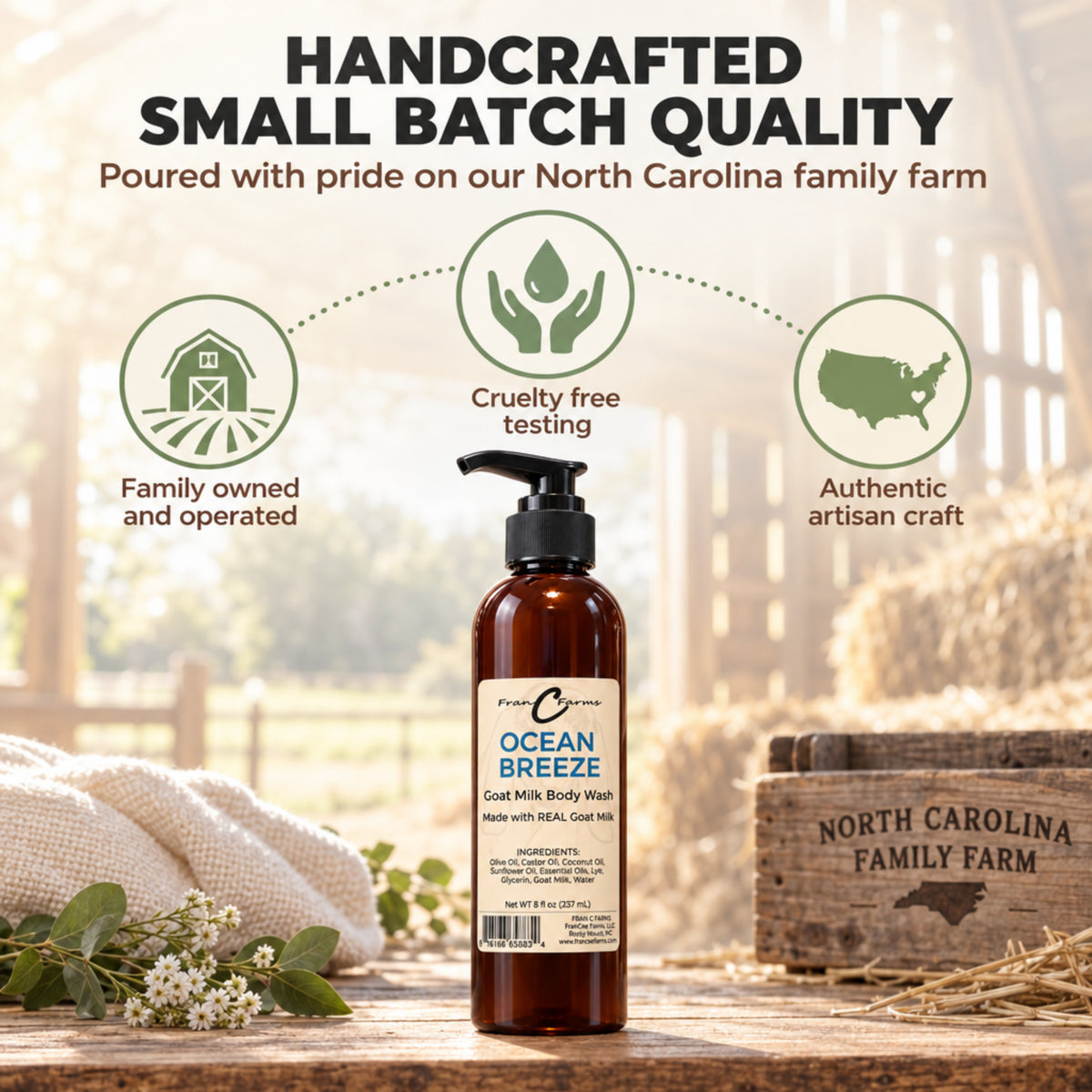 Ocean Breeze goat milk body wash on a wooden table beside a North Carolina family farm crate and a small-batch graphic.